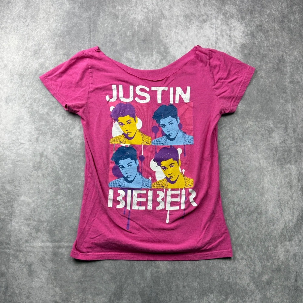 Justin Bieber Pink Graphic T-Shirt Pop Art Portrait Short Sleeve Size Small